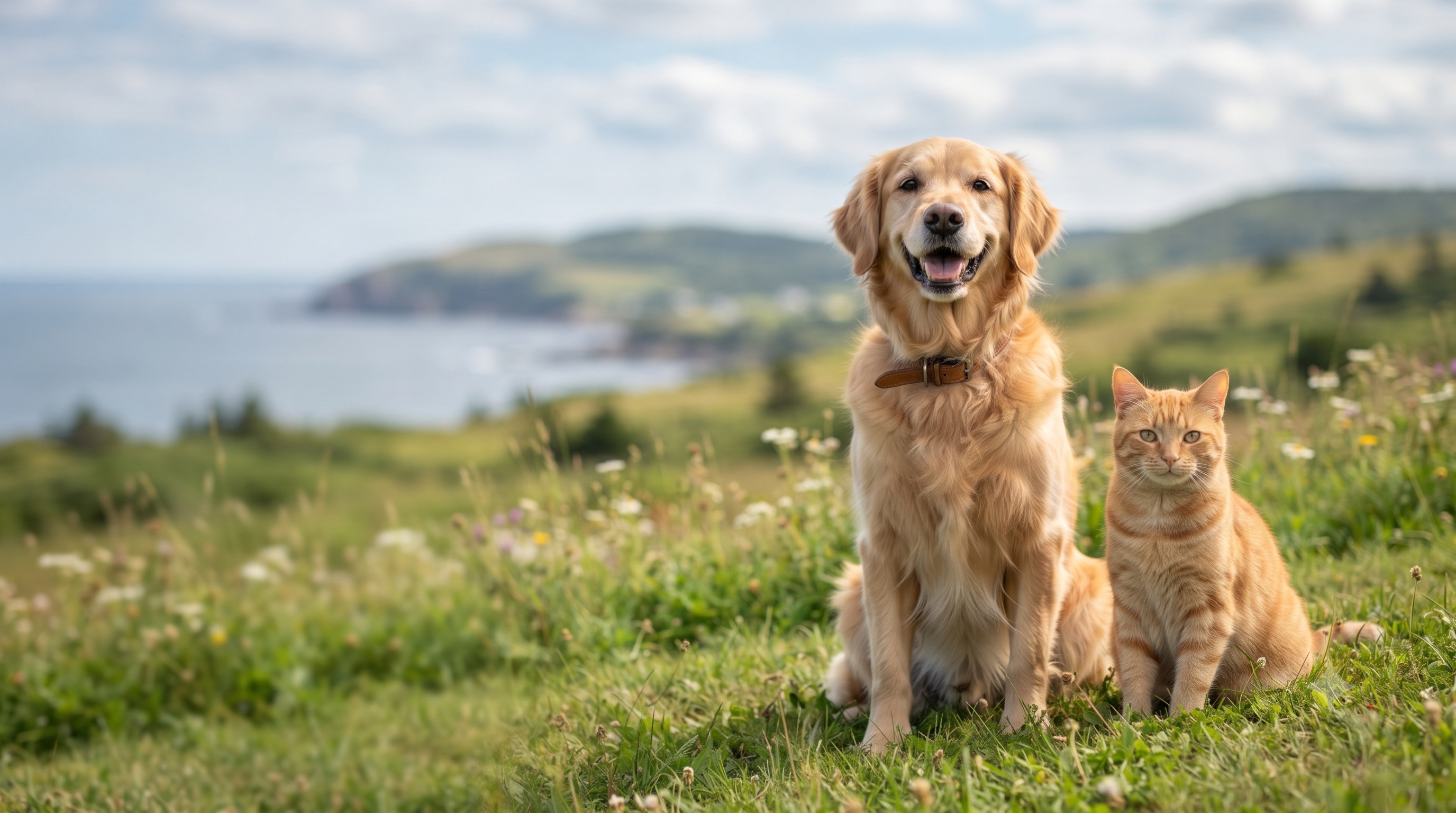 Golden retriever and orange tabby cat sitting together on a coastal hillside overlooking the ocean